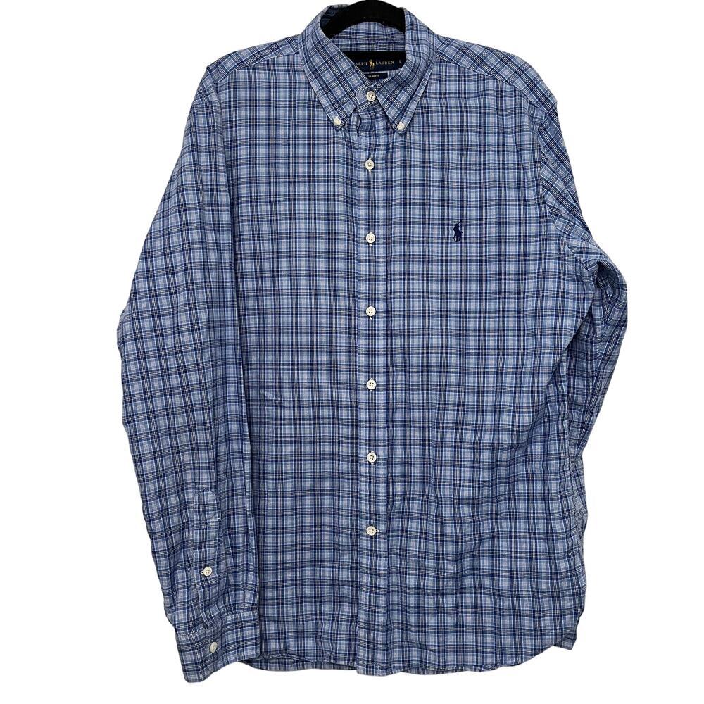 Ralph Lauren Button Down Shirt Slim Fit Cotton Blue Size Large Pony Plaid Preppy